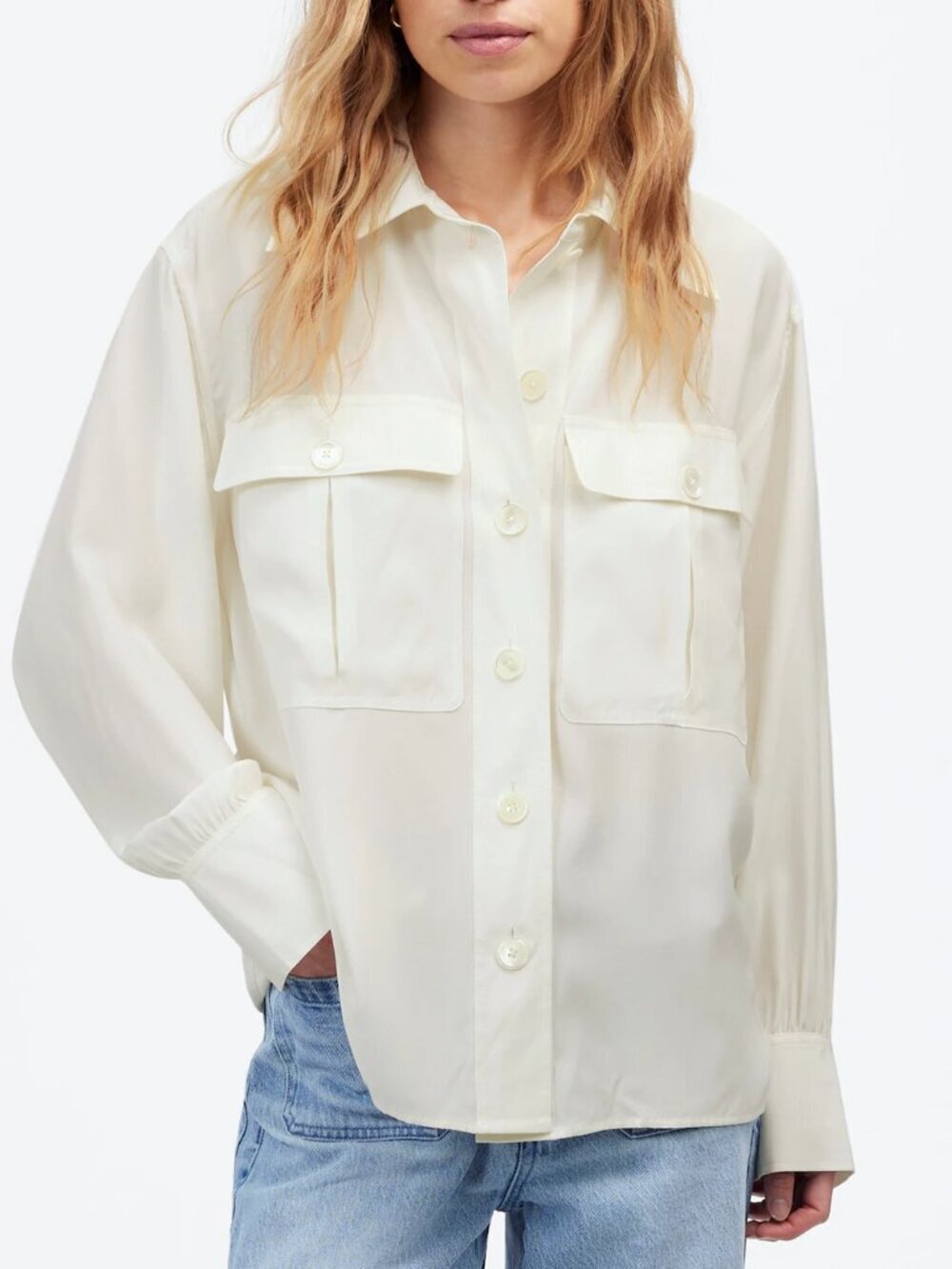 Madewell 100% Silk Utility Patch Pocket Shell Button Up Shirt Size XXS